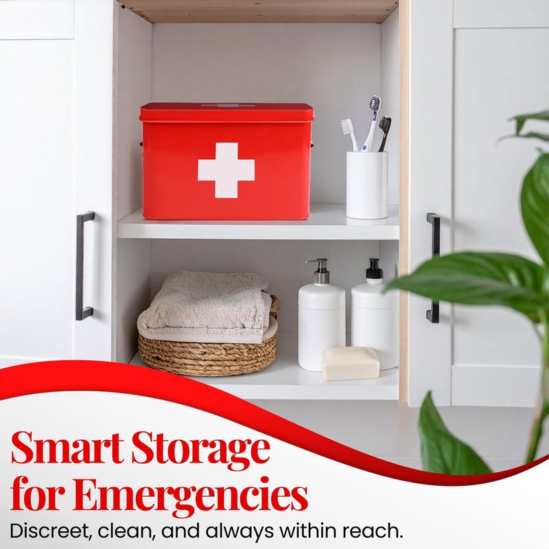 Flexzion First Aid Box Organizer Empty 13" Red Vintage First Aid Kit Tin Metal Medical Box - First Aid Storage Box Container Bins with Dividers, Removable Tray and White Cross Logo - Image 3